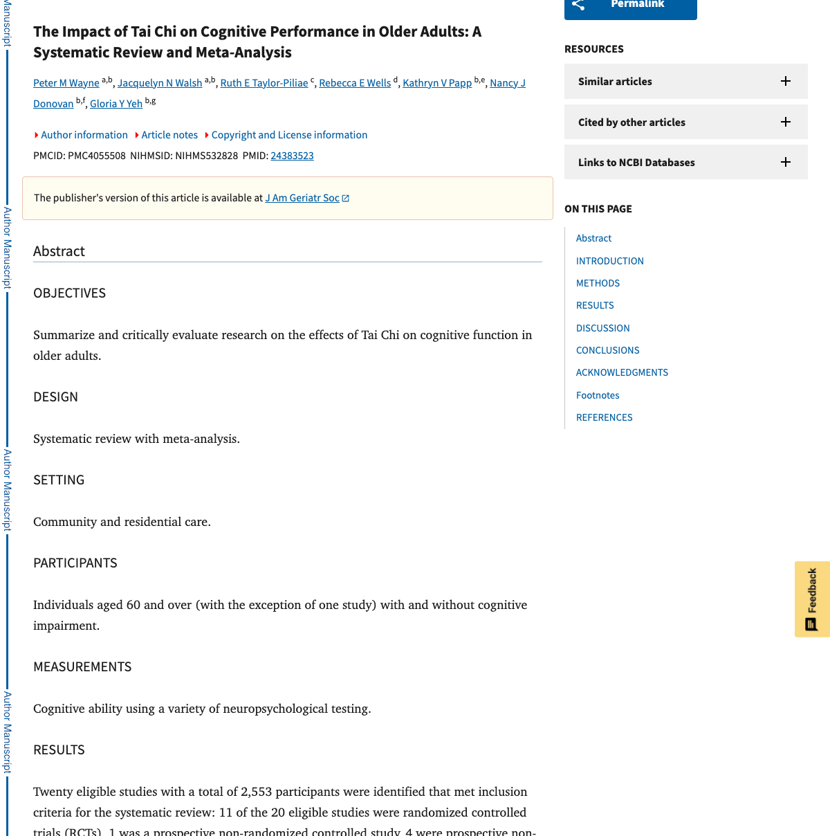 Title and abstract of Effect of tai chi on cognitive performance in older adults: systematic review and meta-analysis.