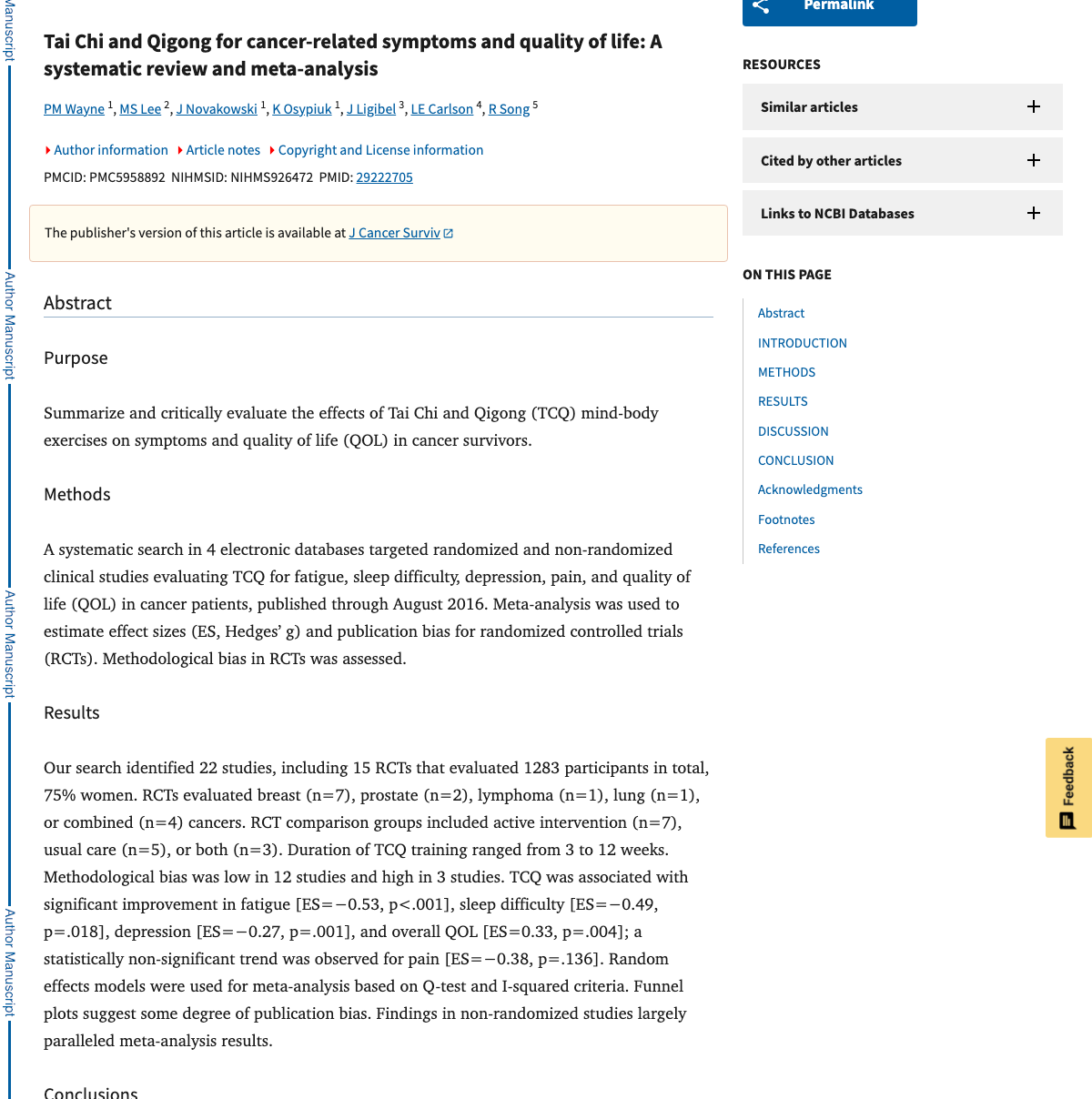 Title and abstract of Tai Chi and Qigong for cancer-related symptoms and quality of life: a systematic review and meta-analysis