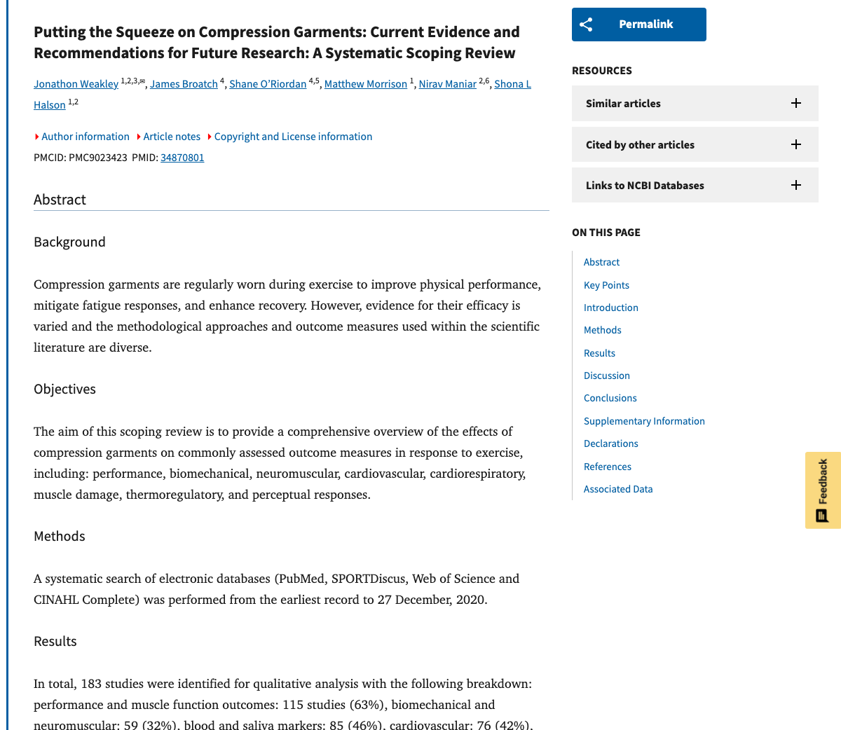 Title and abstract of Putting the Squeeze on Compression Garments: Current Evidence and Recommendations for Future Research: A Systematic Scoping Review.