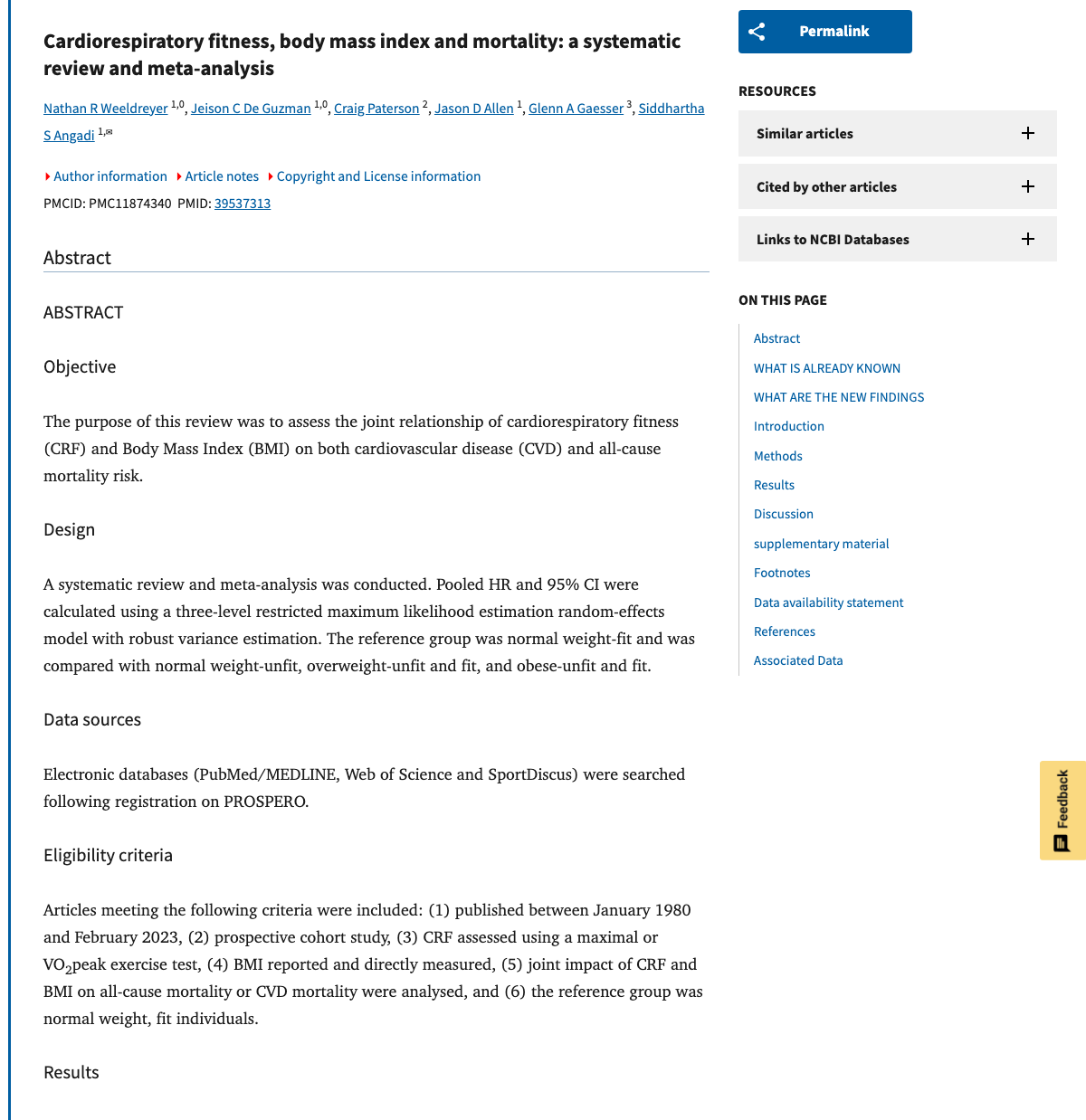 Title and abstract of Cardiorespiratory fitness, body mass index and mortality: a systematic review and meta-analysis.