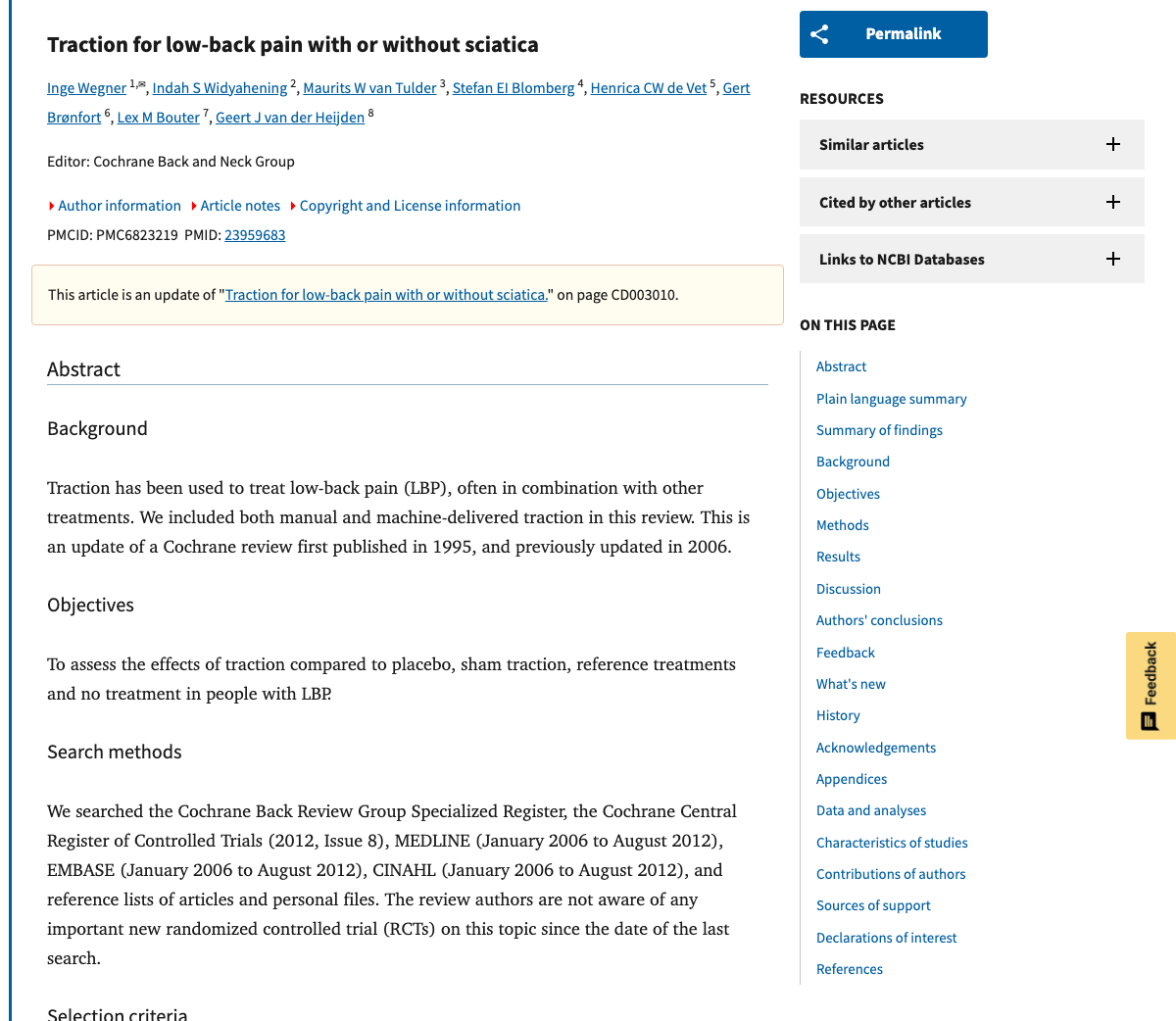 Title and abstract of Traction for low-back pain with or without sciatica.