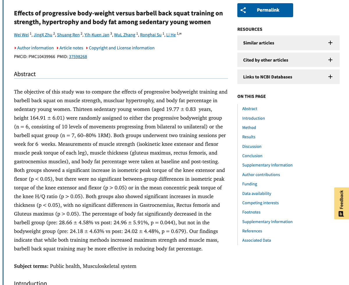 Title and abstract of Effects of progressive body-weight versus barbell back squat training on strength, hypertrophy and body fat among sedentary young women.