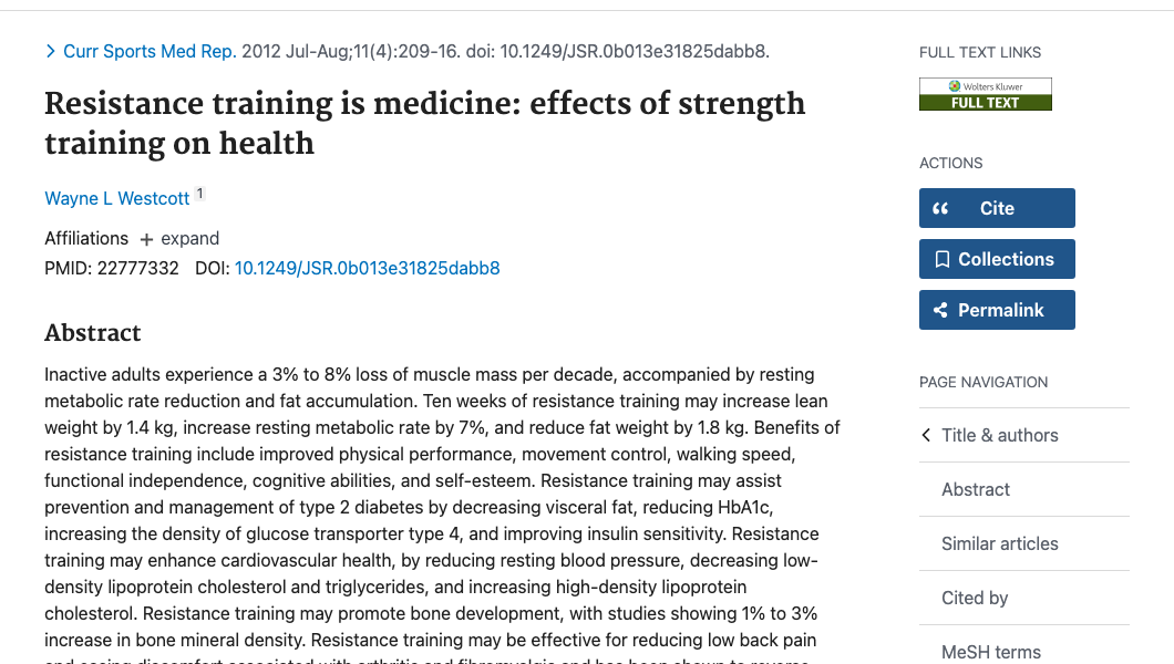 Title and abstract of Resistance training is medicine: effects of strength training on health