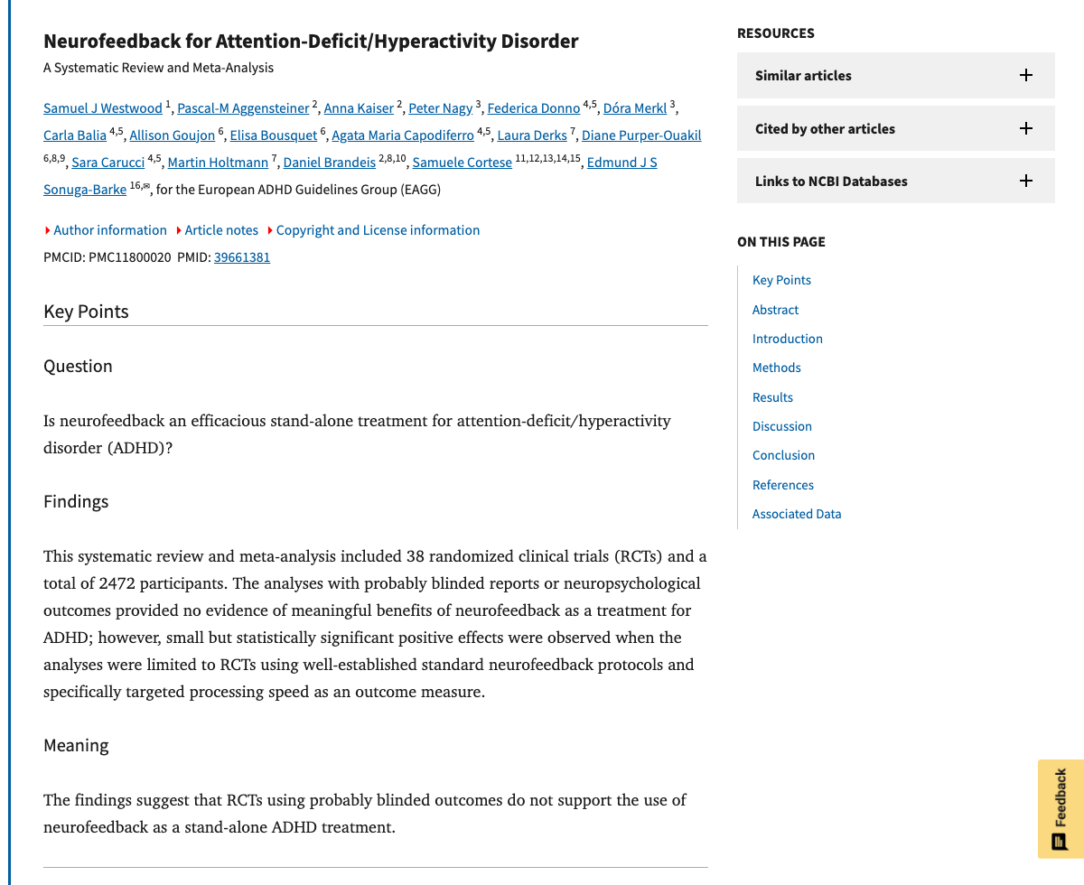 Title and abstract of Neurofeedback for Attention-Deficit/Hyperactivity Disorder: A Systematic Review and Meta-Analysis.