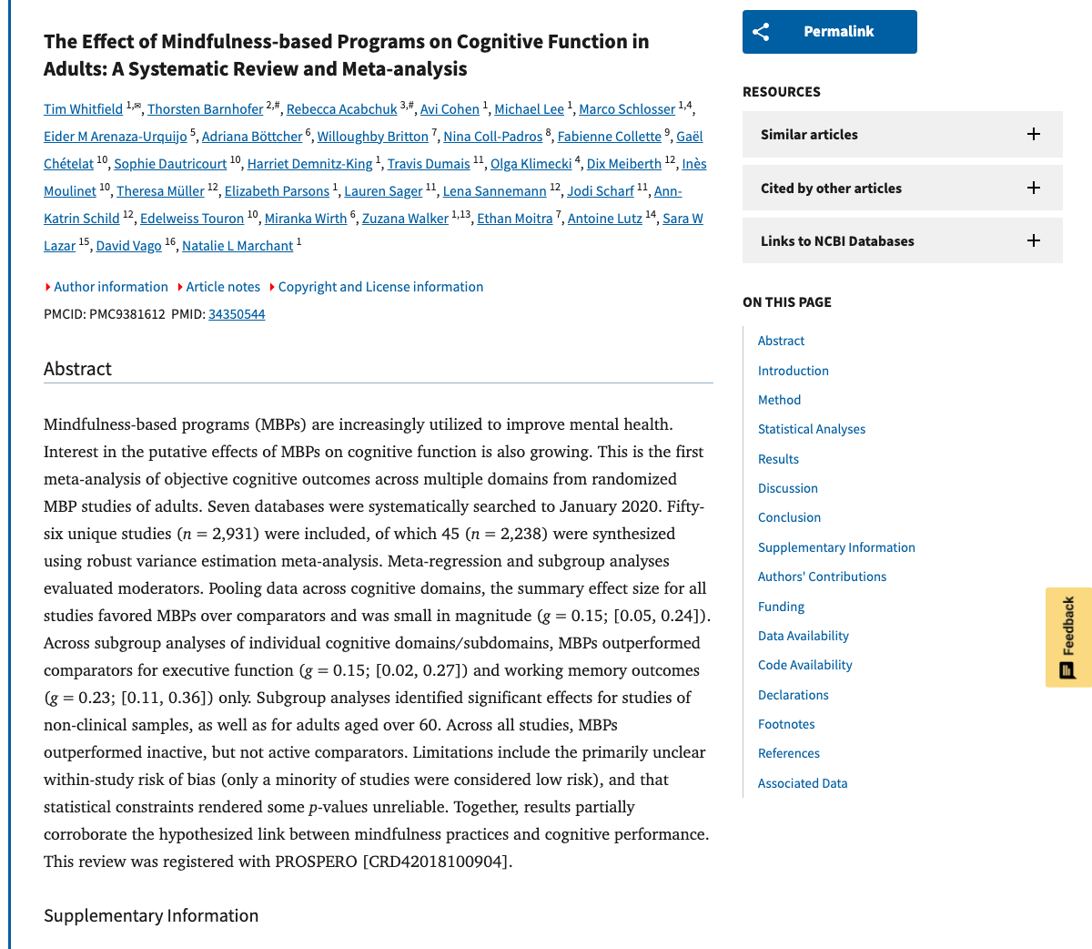 Title and abstract of The Effect of Mindfulness-based Programs on Cognitive Function in Adults: A Systematic Review and Meta-analysis.