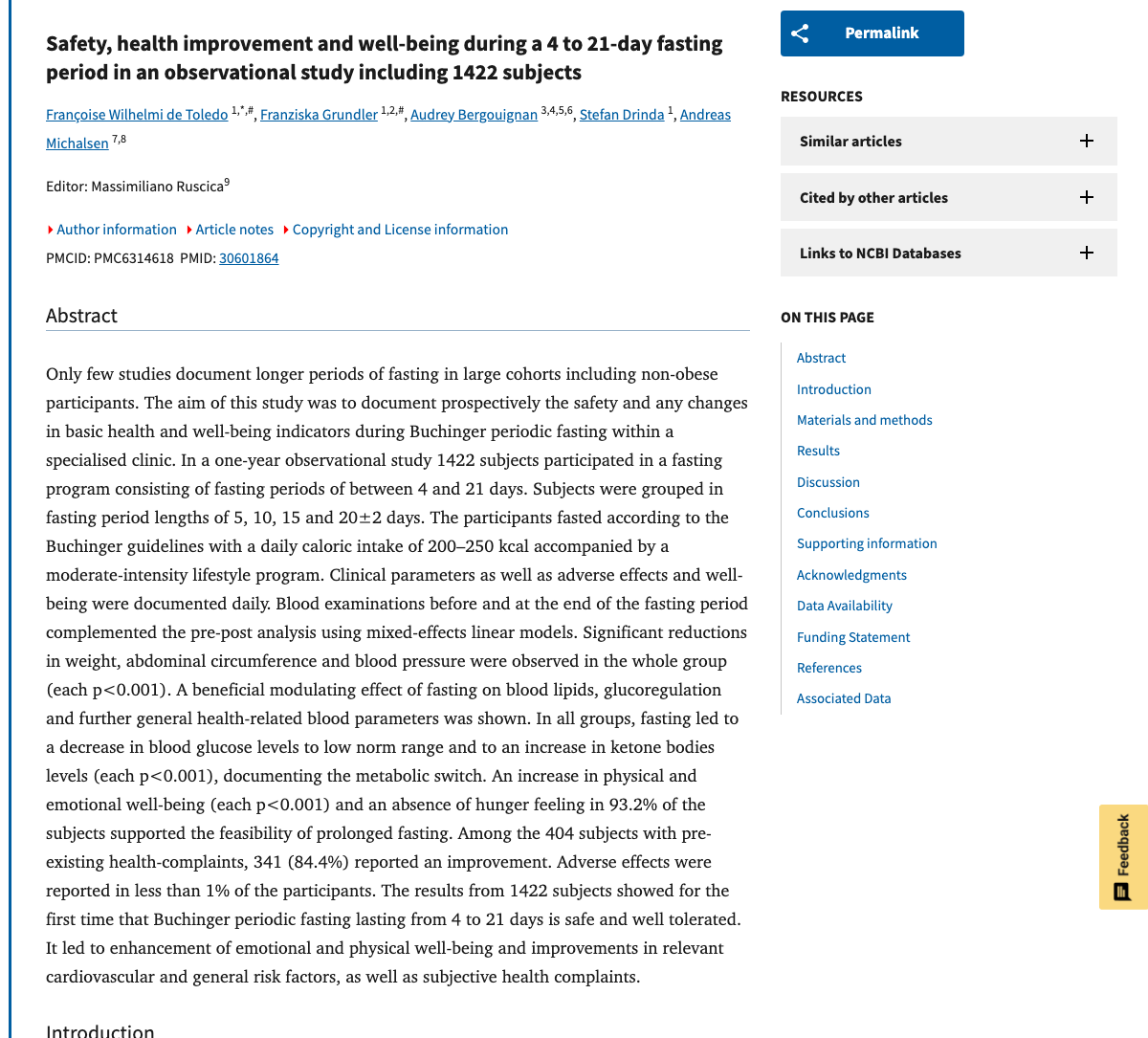 Title and abstract of Safety, health improvement and well-being during a 4 to 21-day fasting period in an observational study including 1422 subjects