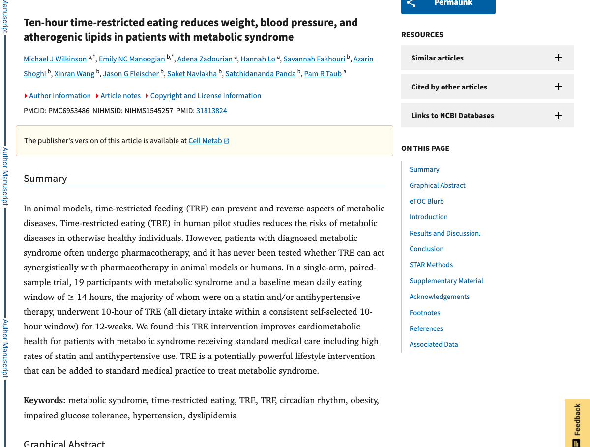 Title and abstract of Ten-Hour Time-Restricted Eating Reduces Weight, Blood Pressure, and Atherogenic Lipids in Patients with Metabolic Syndrome
