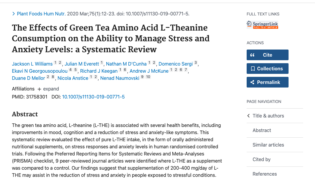 Title and abstract of The Effects of Green Tea Amino Acid L-Theanine Consumption on the Ability to Manage Stress and Anxiety Levels: a Systematic Review