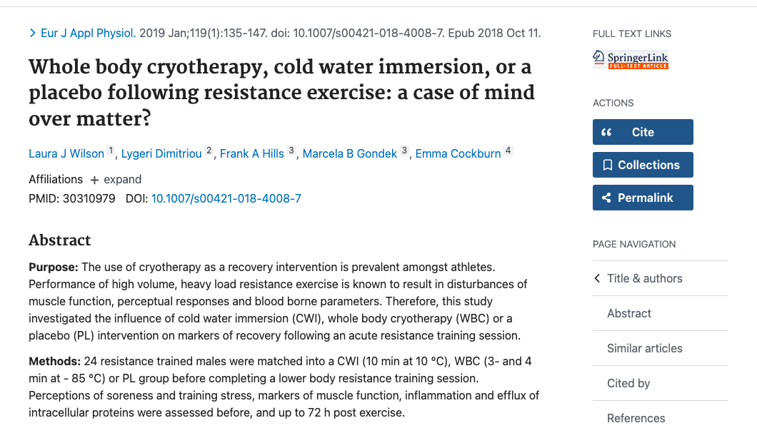 Title and abstract of Whole body cryotherapy, cold water immersion, or a placebo following resistance exercise: a case of mind over matter?