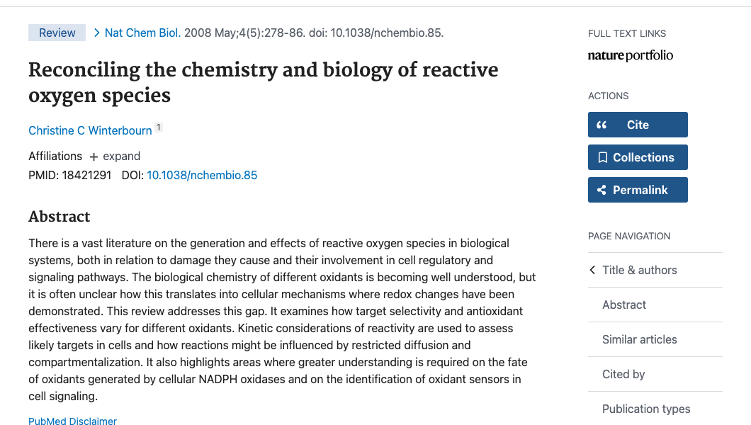 Title and abstract of Reconciling the chemistry and biology of reactive oxygen species