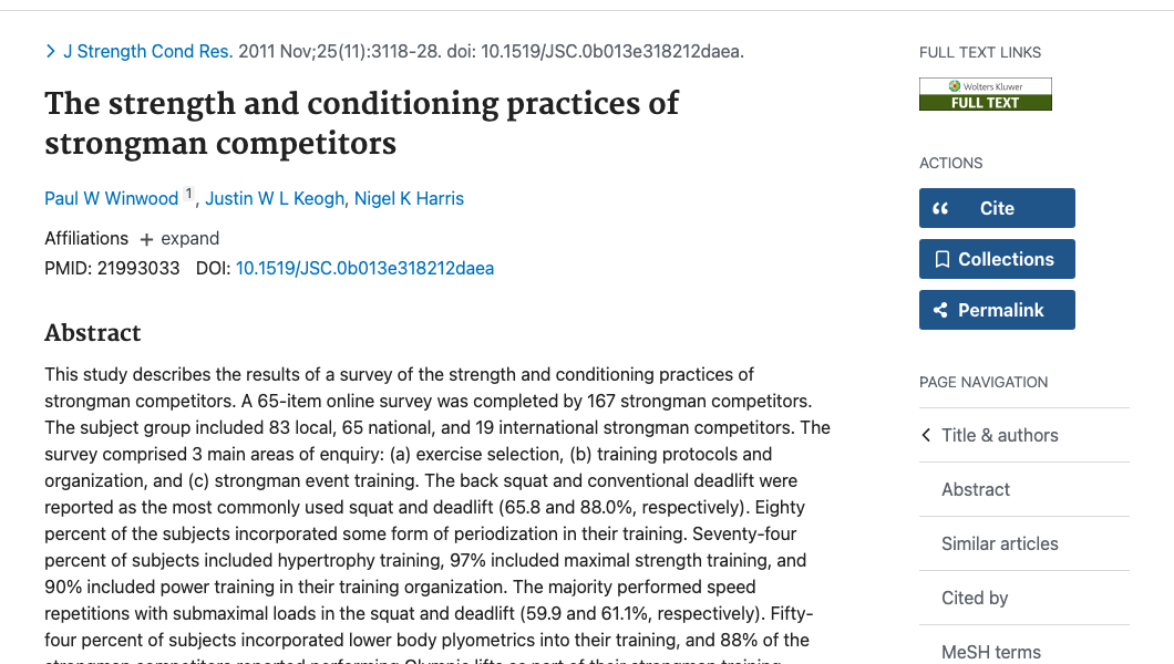 Title and abstract of The Strength and Conditioning Practices of Strongman Competitors