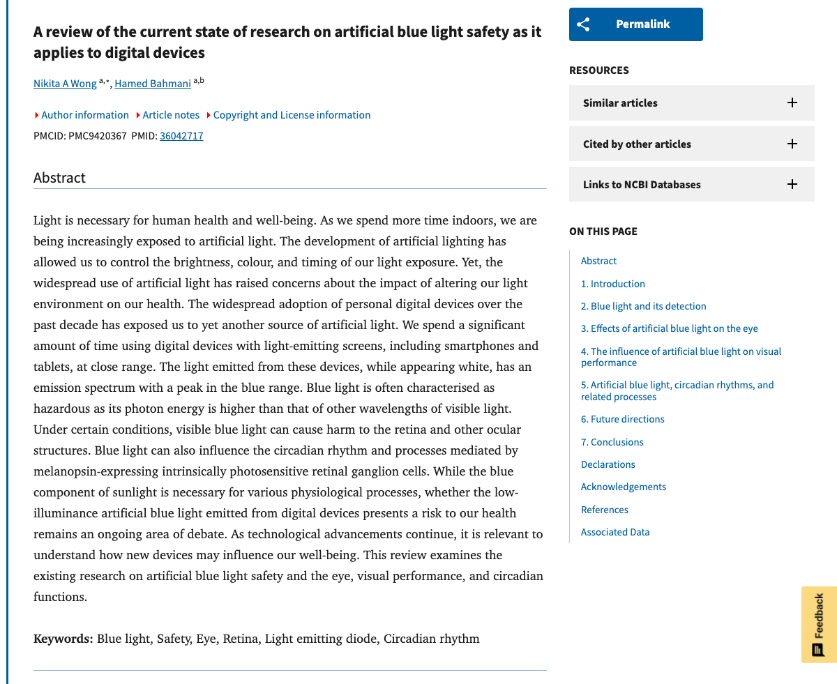 Title and abstract of A review of the current state of research on artificial blue light safety as it applies to digital devices.