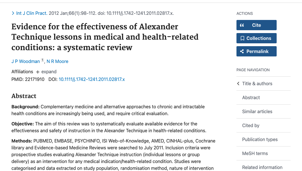 Title and abstract of Evidence for the effectiveness of Alexander Technique lessons in medical and health-related conditions: a systematic review.