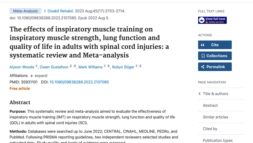 Title and abstract of The effects of inspiratory muscle training on inspiratory muscle strength, lung function and quality of life in adults with spinal cord injuries: a systematic review and Meta-analysis.