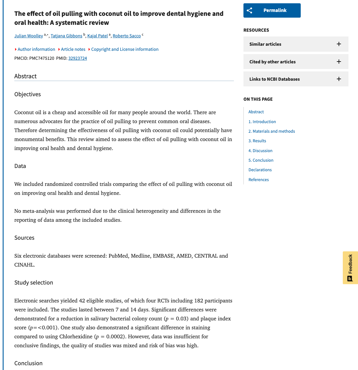 Title and abstract of The effect of oil pulling with coconut oil to improve dental hygiene and oral health: A systematic review.