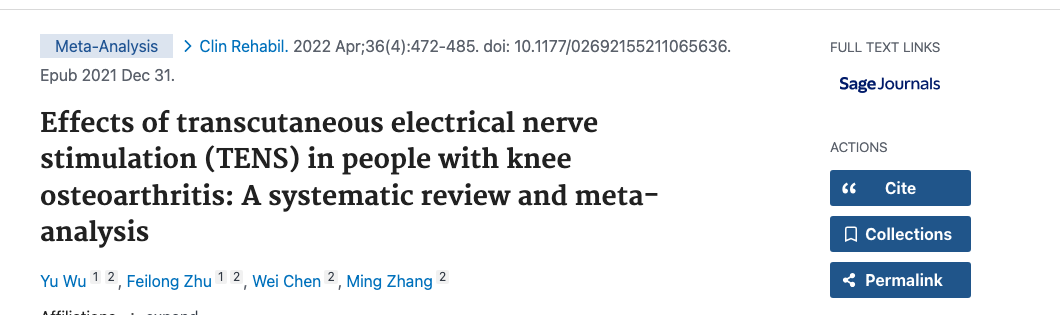 Title and abstract of Effects of transcutaneous electrical nerve stimulation (TENS) in people with knee osteoarthritis: A systematic review and meta-analysis