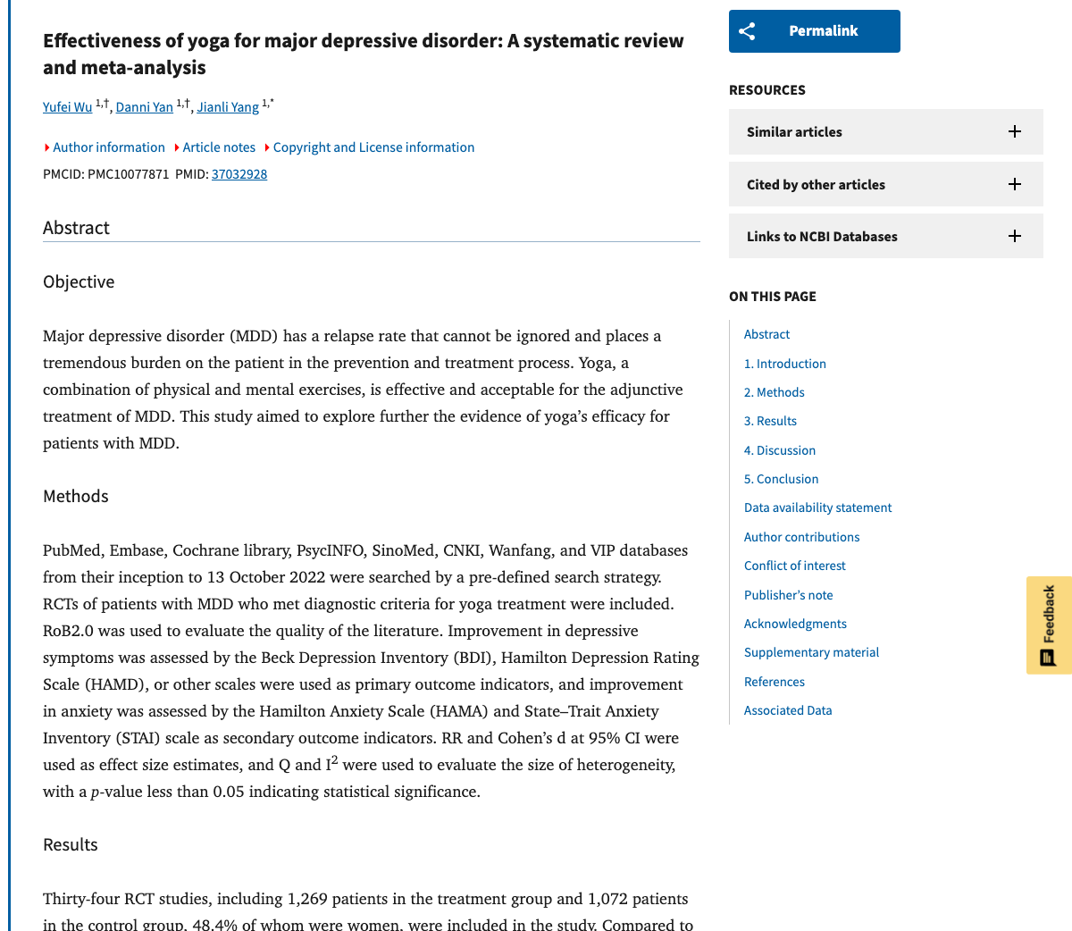 Title and abstract of Effectiveness of yoga for major depressive disorder: A systematic review and meta-analysis.