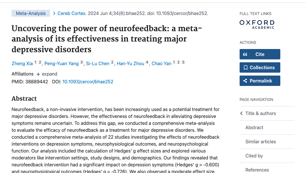 Title and abstract of Uncovering the power of neurofeedback: a meta-analysis of its effectiveness in treating major depressive disorders.