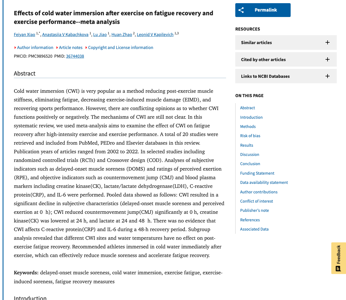 Title and abstract of Effects of cold water immersion after exercise on fatigue recovery and exercise performance--meta analysis.