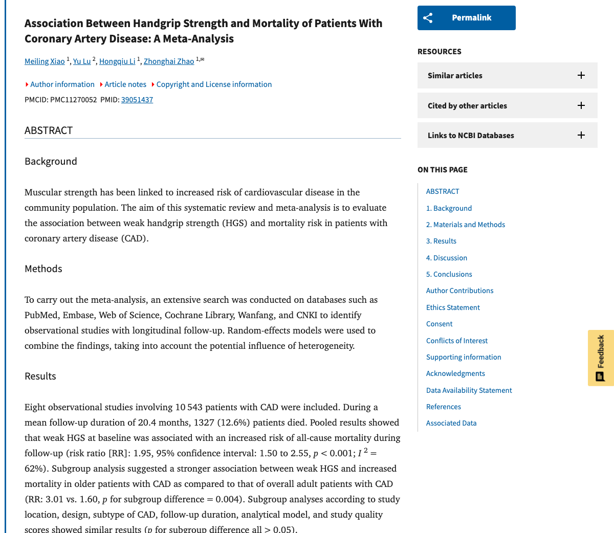 Title and abstract of Association Between Handgrip Strength and Mortality of Patients With Coronary Artery Disease: A Meta-Analysis.