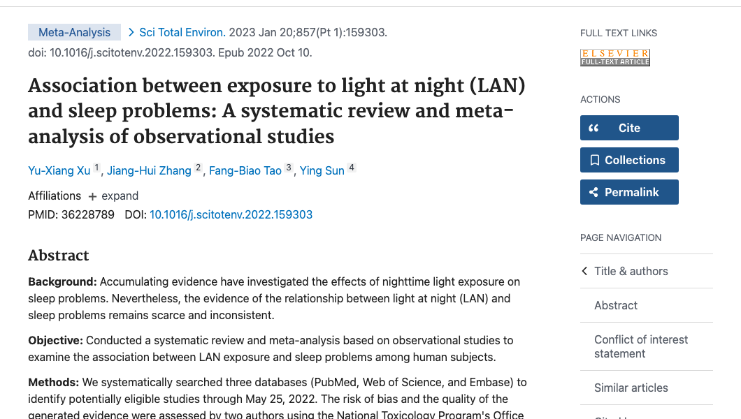 Title and abstract of Association between exposure to light at night (LAN) and sleep problems: A systematic review and meta-analysis of observational studies.