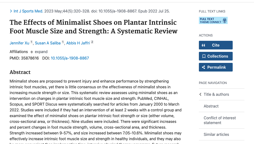 Title and abstract of The Effects of Minimalist Shoes on Plantar Intrinsic Foot Muscle Size and Strength: A Systematic Review.