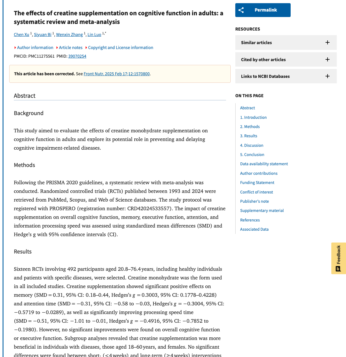 Title and abstract of The effects of creatine supplementation on cognitive function in adults: a systematic review and meta-analysis.