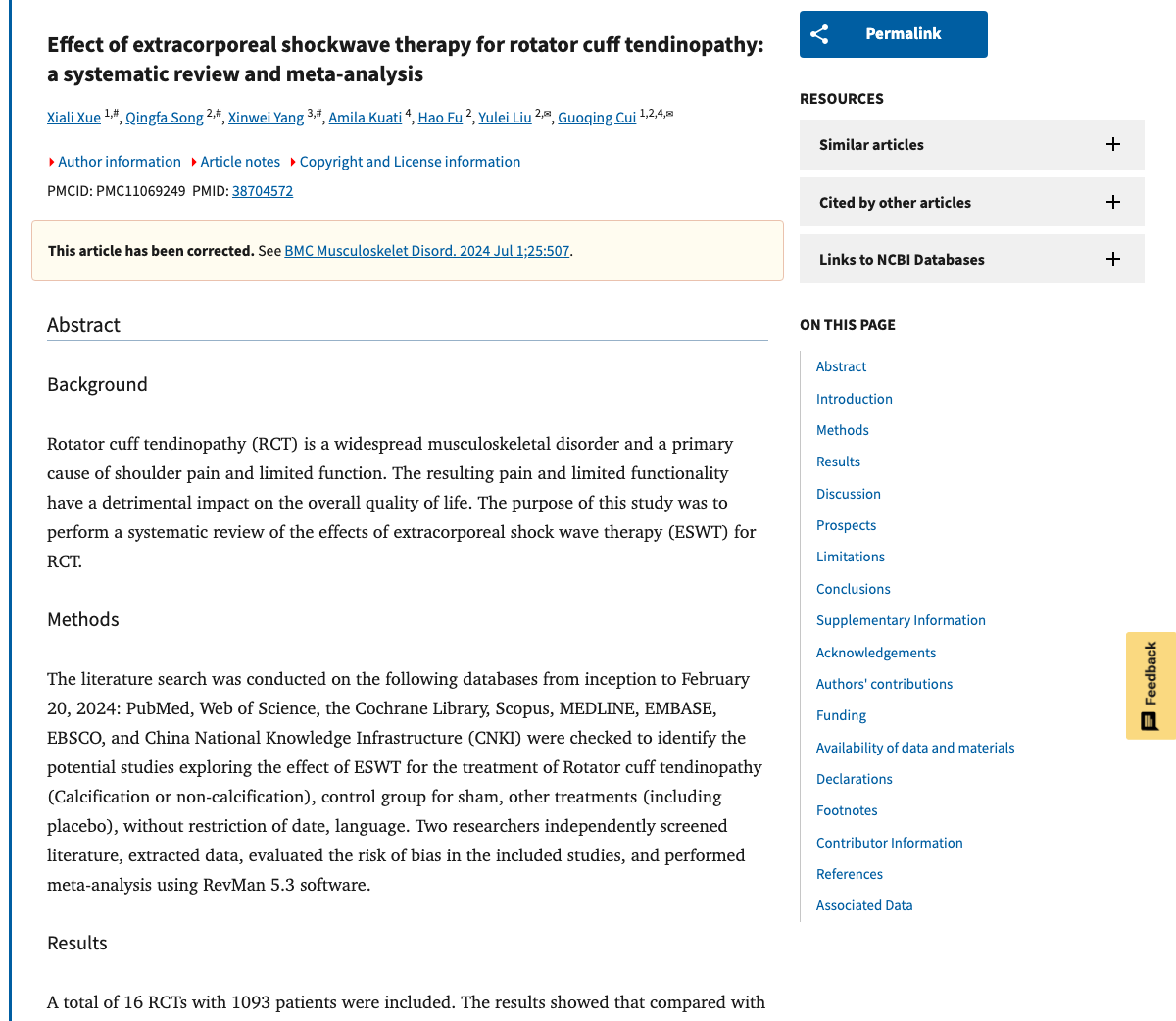 Title and abstract of Effect of extracorporeal shockwave therapy for rotator cuff tendinopathy: a systematic review and meta-analysis.