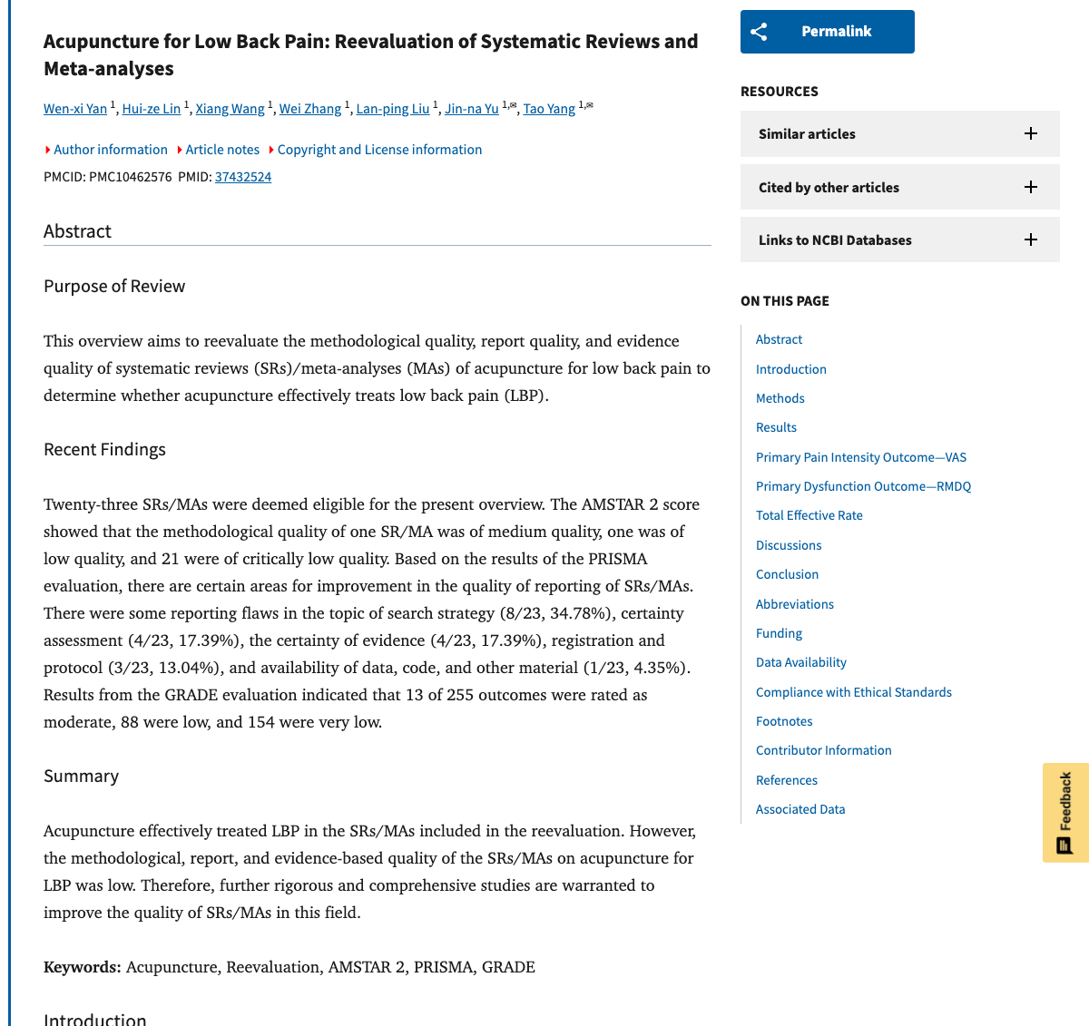 Title and abstract of Acupuncture for Low Back Pain: Reevaluation of Systematic Reviews and Meta-analyses.