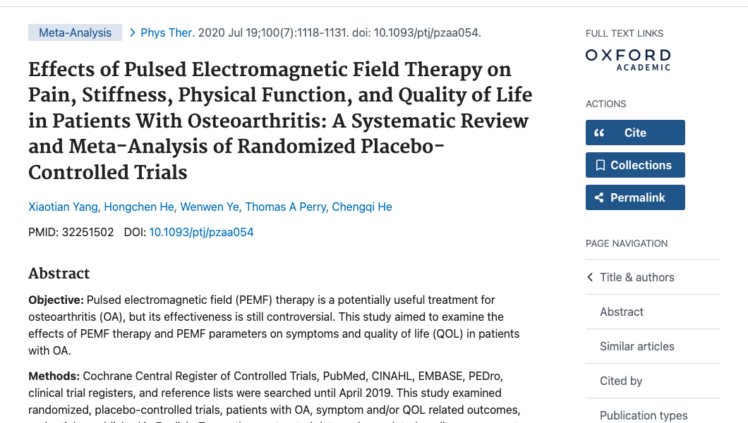 Title and abstract of Effects of Pulsed Electromagnetic Field Therapy on Pain, Stiffness, Physical Function, and Quality of Life in Patients With Osteoarthritis: A Systematic Review and Meta-Analysis of Randomized Placebo-Controlled Trials.