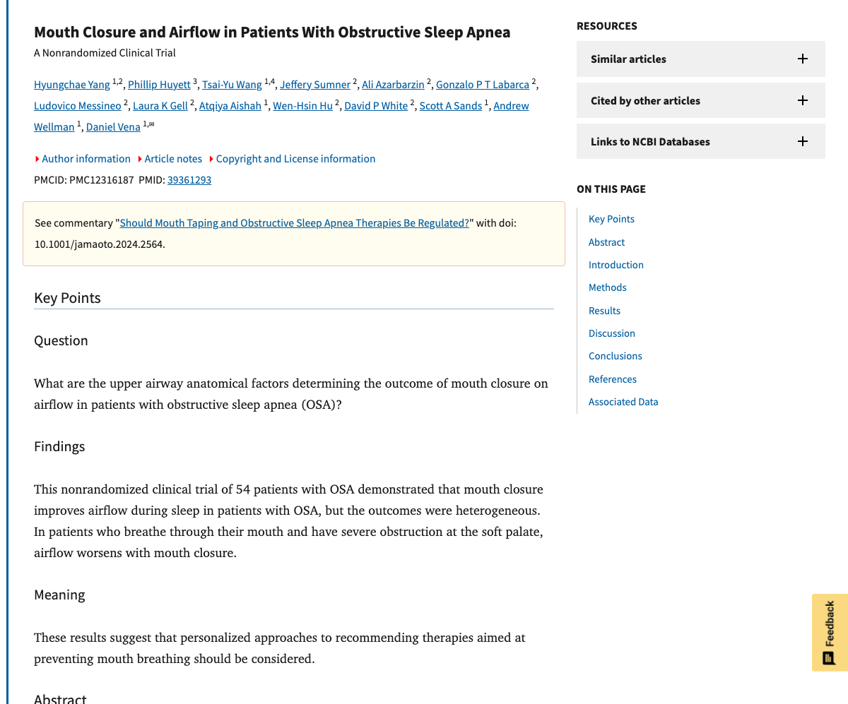 Title and abstract of Mouth Closure and Airflow in Patients With Obstructive Sleep Apnea: A Nonrandomized Clinical Trial.