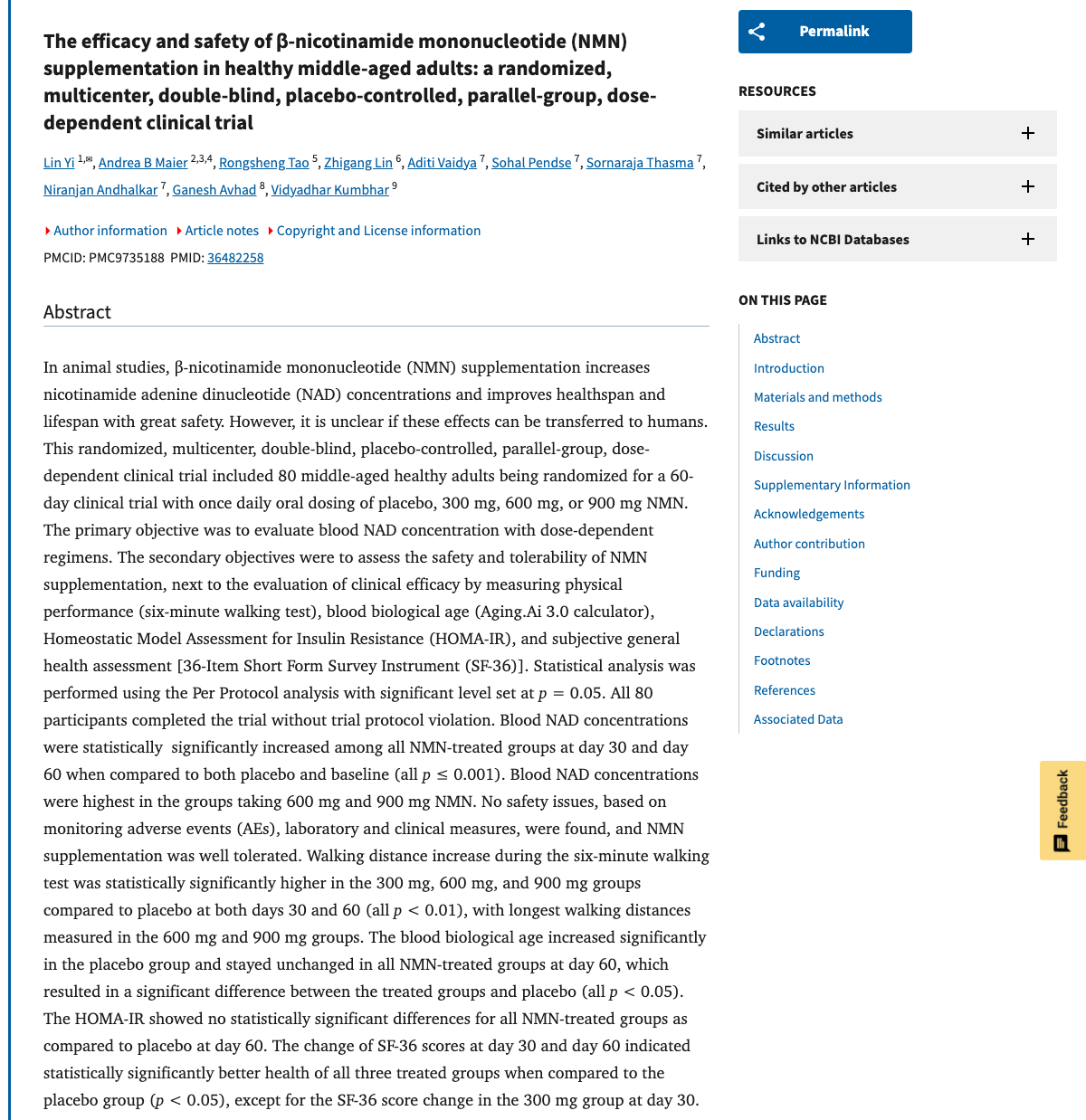 Title and abstract of The efficacy and safety of β-nicotinamide mononucleotide (NMN) supplementation in healthy middle-aged adults: a randomized, multicenter, double-blind, placebo-controlled, parallel-group, dose-dependent clinical trial.