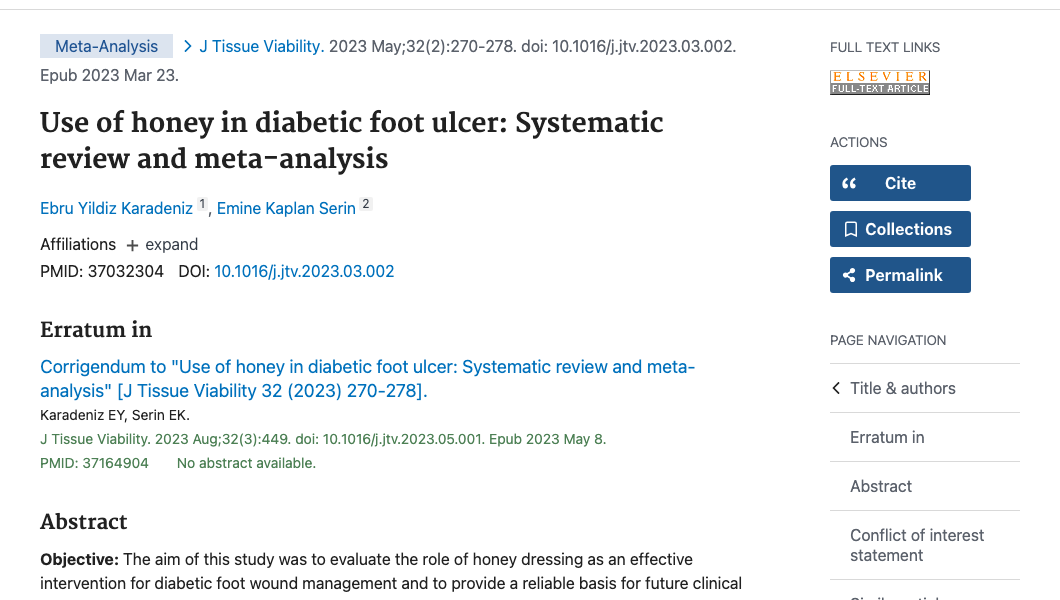 Title and abstract of Use of honey in diabetic foot ulcer: Systematic review and meta-analysis.