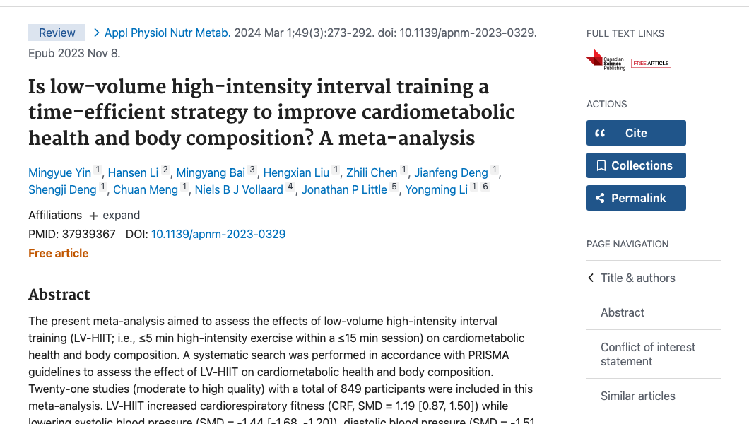 Title and abstract of Is low-volume high-intensity interval training a time-efficient strategy to improve cardiometabolic health and body composition? A meta-analysis.