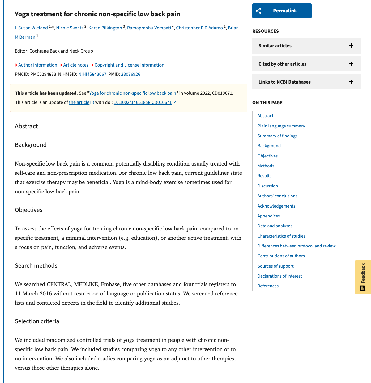 Title and abstract of Yoga treatment for chronic non-specific low back pain