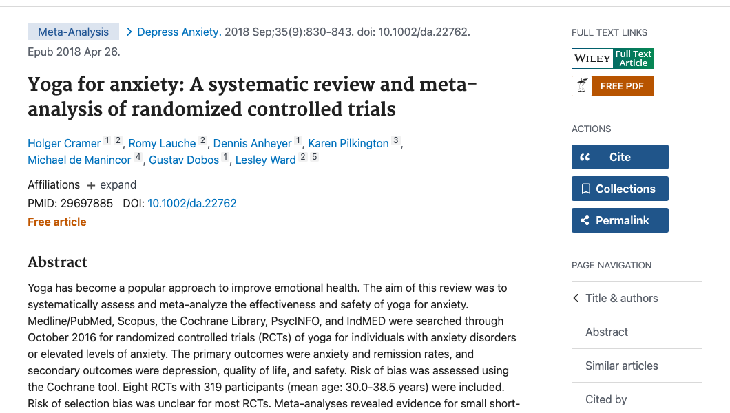 Title and abstract of Yoga for anxiety: A systematic review and meta-analysis of randomized controlled trials