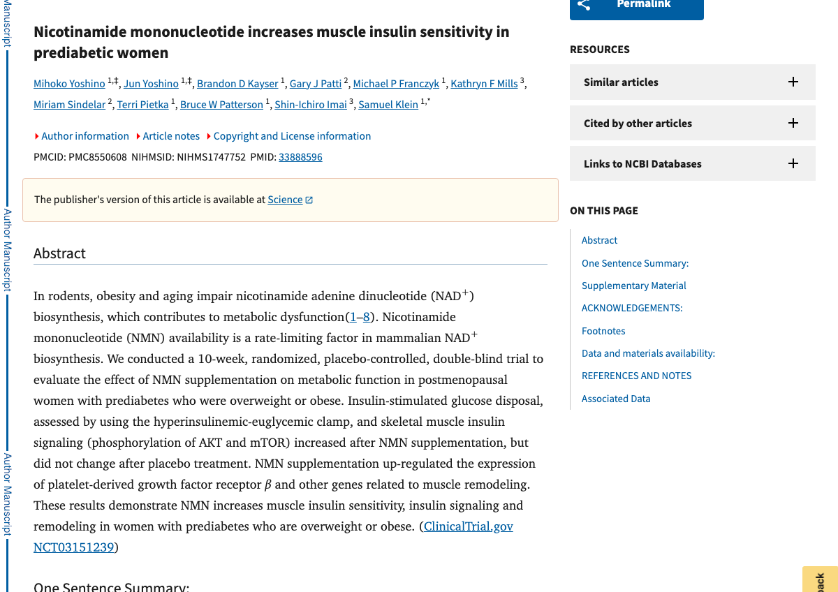 Title and abstract of Nicotinamide mononucleotide increases muscle insulin sensitivity in prediabetic women