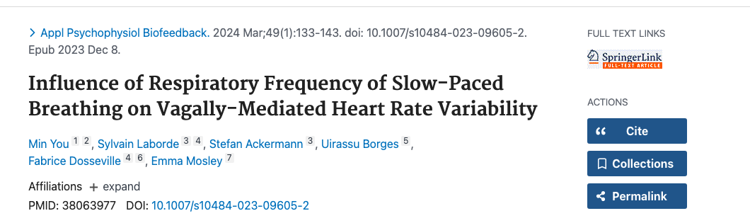 Title and abstract of Influence of Respiratory Frequency of Slow-Paced Breathing on Vagally-Mediated Heart Rate Variability.