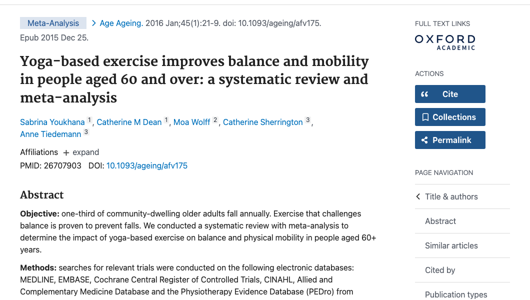 Title and abstract of Yoga-based exercise improves balance and mobility in people aged 60 and over: a systematic review and meta-analysis.