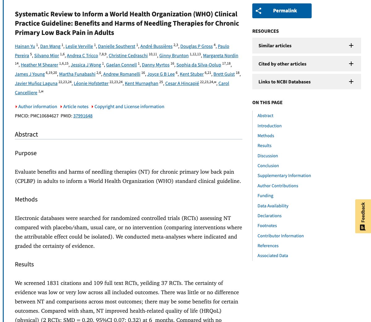 Title and abstract of Systematic Review to Inform a World Health Organization (WHO) Clinical Practice Guideline: Benefits and Harms of Needling Therapies for Chronic Primary Low Back Pain in Adults.