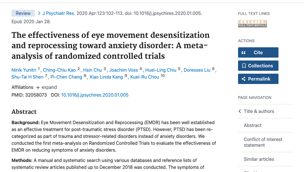 Title and abstract of The effectiveness of eye movement desensitization and reprocessing toward anxiety disorder: A meta-analysis of randomized controlled trials.