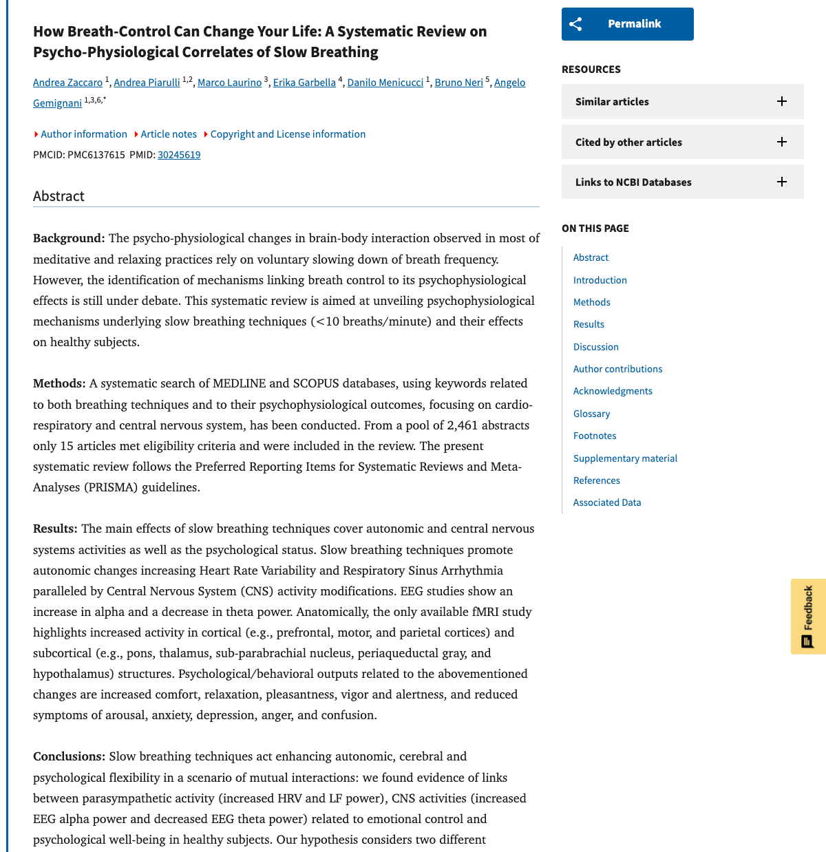Title and abstract of How Breath-Control Can Change Your Life - A Systematic Review on Psycho-Physiological Correlates of Slow Breathing