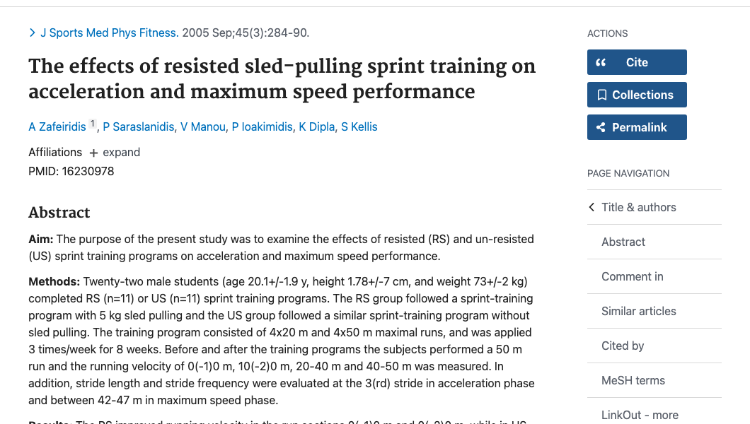 Title and abstract of The effects of resisted sled-pulling sprint training on acceleration and maximum speed performance.