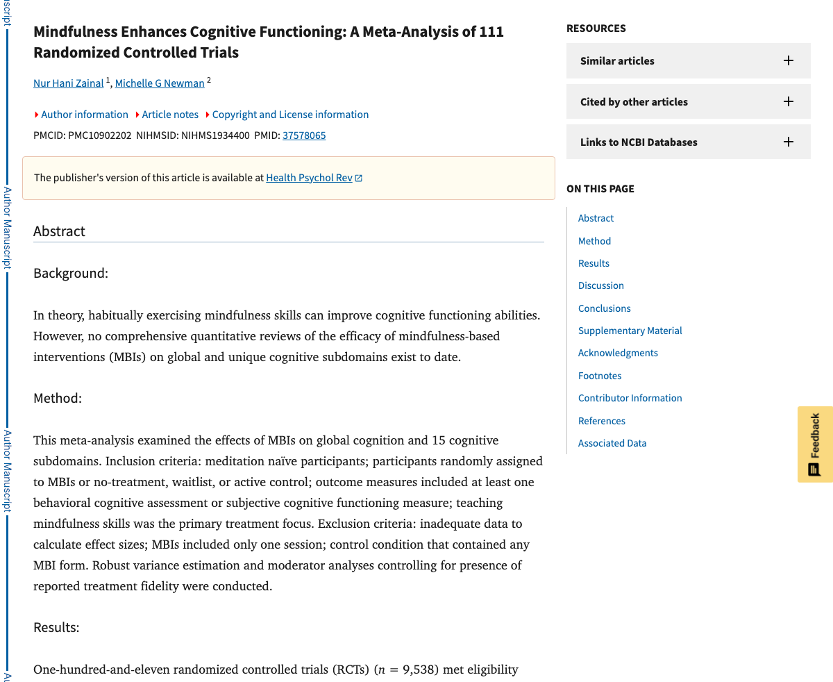 Title and abstract of Mindfulness enhances cognitive functioning: a meta-analysis of 111 randomized controlled trials.