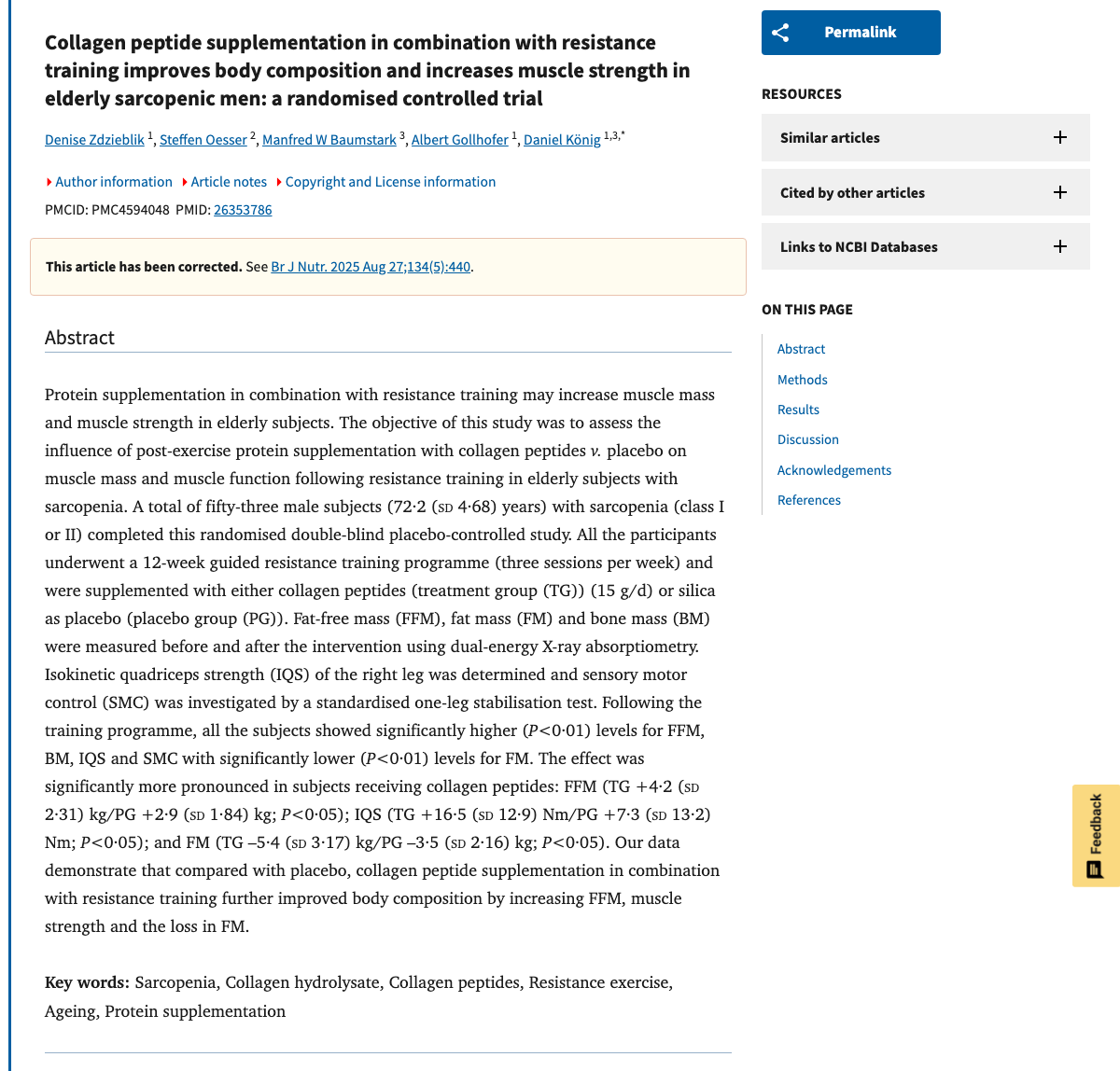 Title and abstract of Collagen peptide supplementation in combination with resistance training improves body composition and increases muscle strength in elderly sarcopenic men