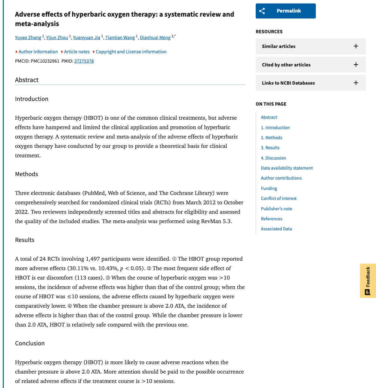 Title and abstract of Adverse effects of hyperbaric oxygen therapy: a systematic review and meta-analysis.