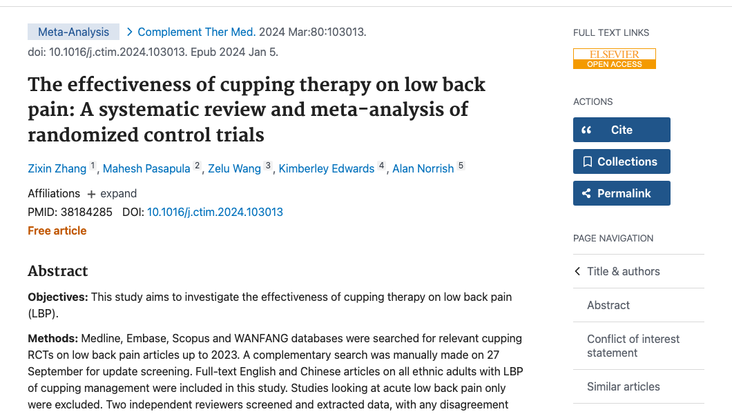 Title and abstract of The effectiveness of cupping therapy on low back pain: A systematic review and meta-analysis of randomized control trials.