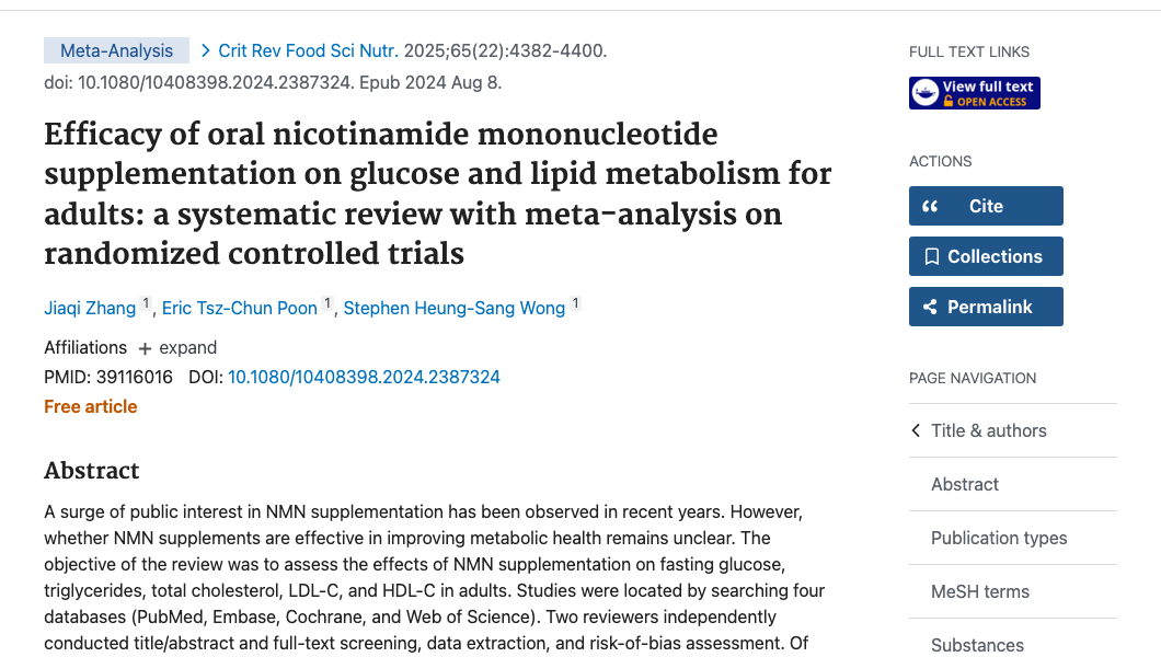 Title and abstract of Efficacy of oral nicotinamide mononucleotide supplementation on glucose and lipid metabolism for adults: a systematic review with meta-analysis on randomized controlled trials.