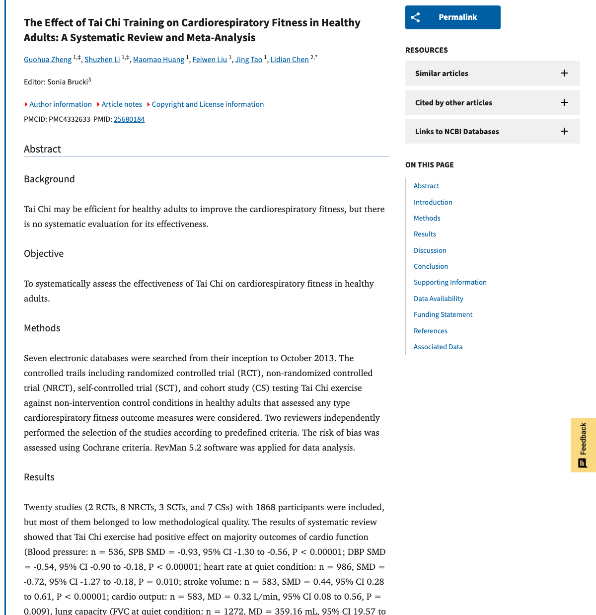 Title and abstract of The effect of Tai Chi training on cardiorespiratory fitness in healthy adults: a systematic review and meta-analysis
