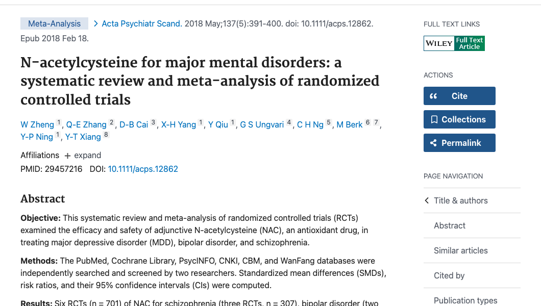 Title and abstract of N-acetylcysteine for major mental disorders: a systematic review and meta-analysis of randomized controlled trials.